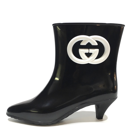 GUCCI INTERLOCKING G SHINNY RUBBER ANKLE BOOTS -BLACK -WOMEN’S US 8 -NEW - Picture 3 of 10